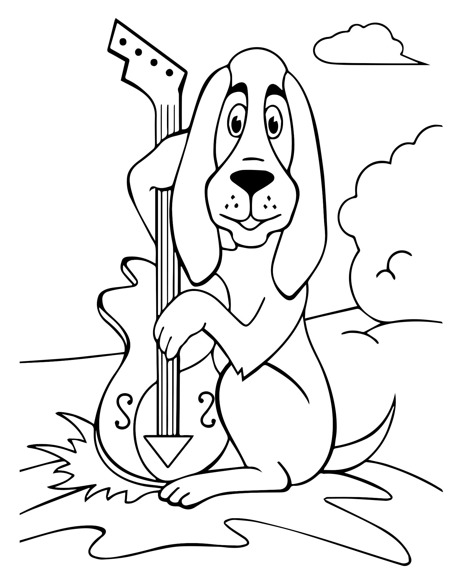 Собака с гитарой раскраска для детей