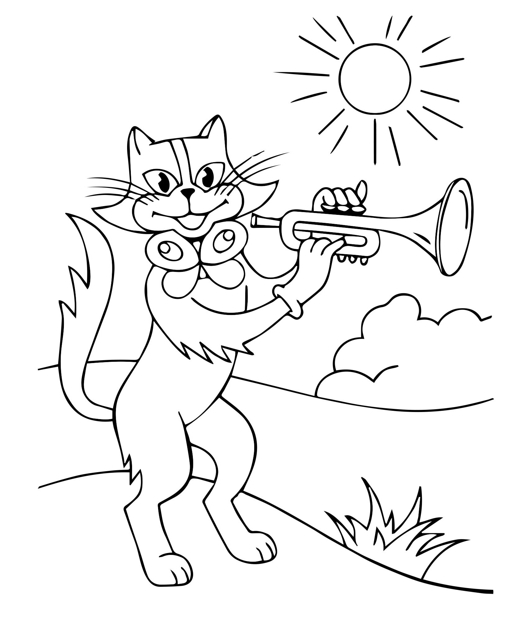 Кот играет на трубе раскраска для детей
