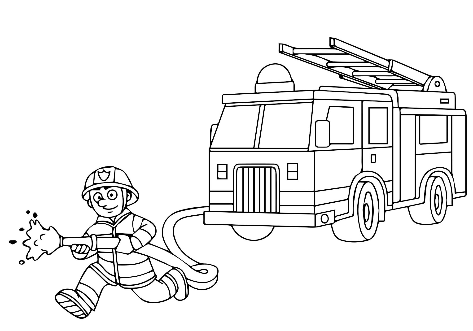 Пожарный с машиной раскраска для детей
