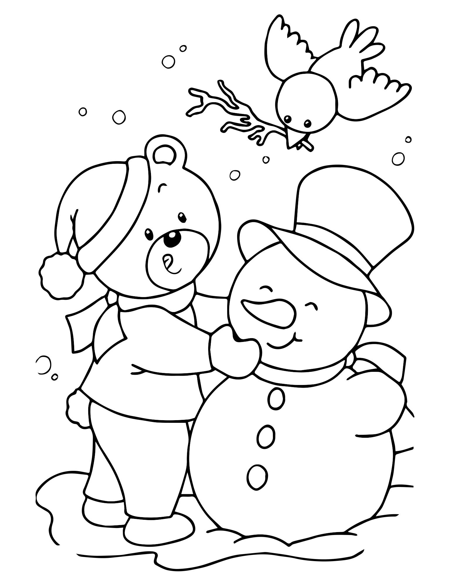 Снеговичок и медведь раскраска для детей