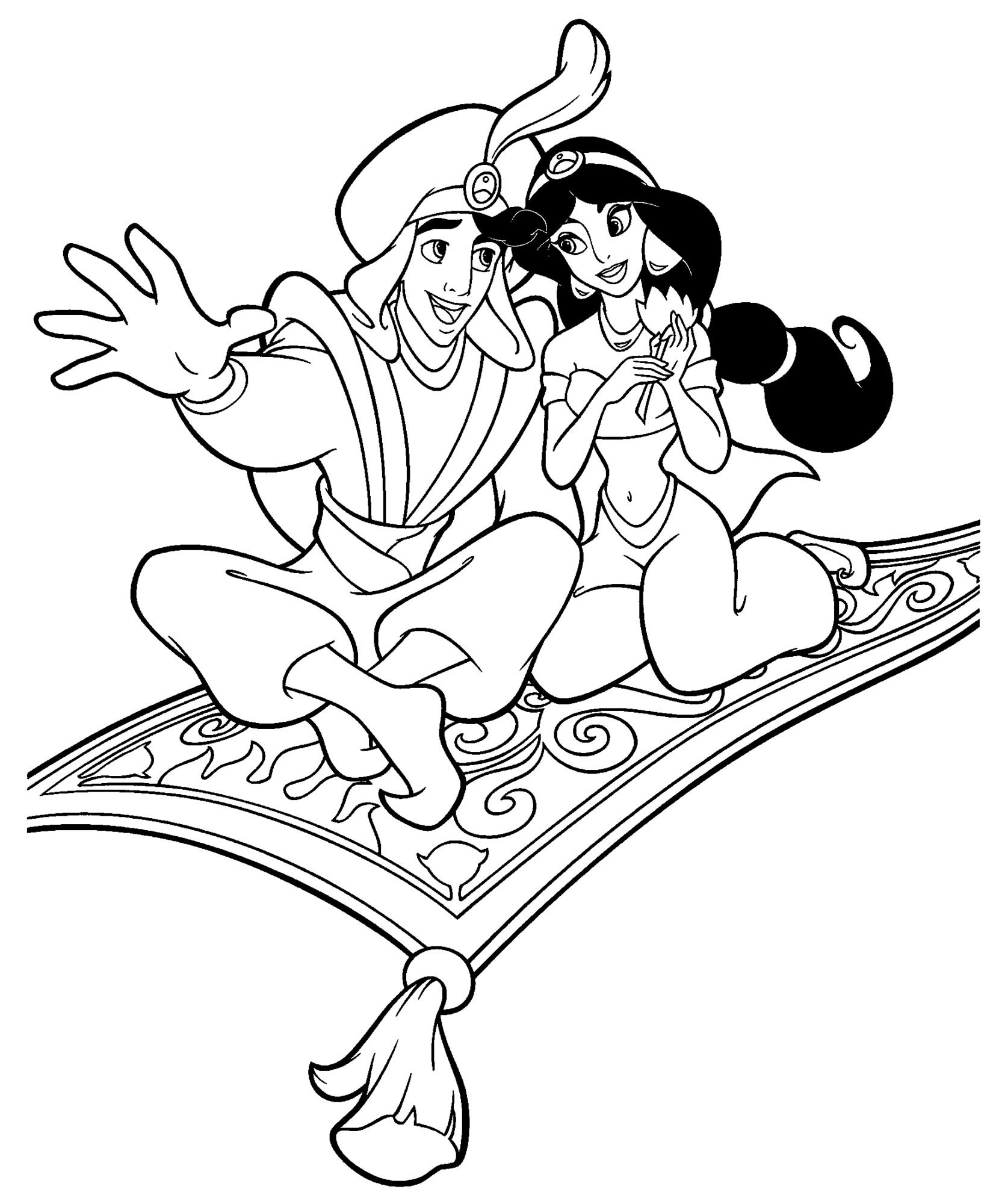 Раскраска алладин и Жасмин на ковре