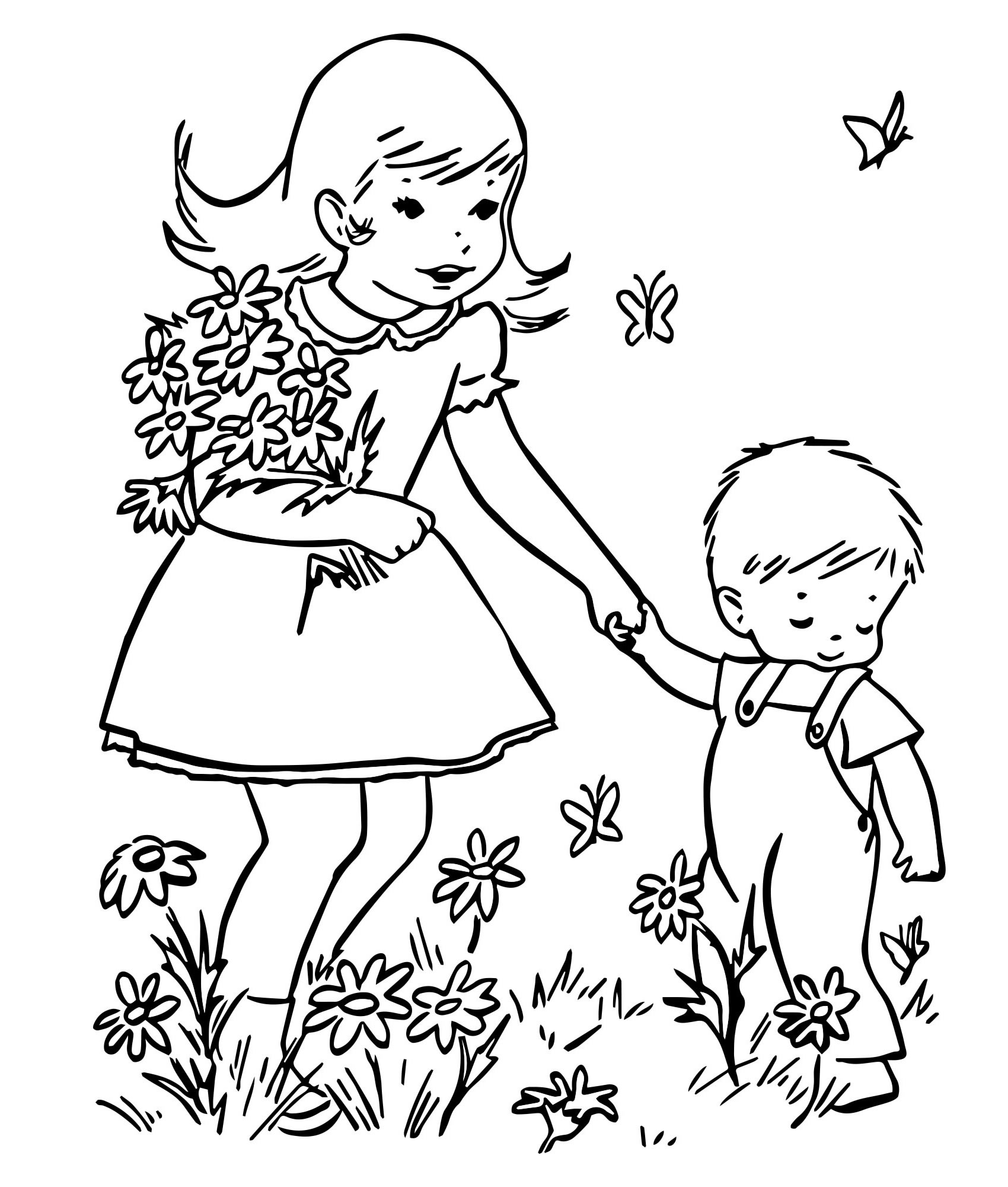 Девочка с малышом раскраска для детей