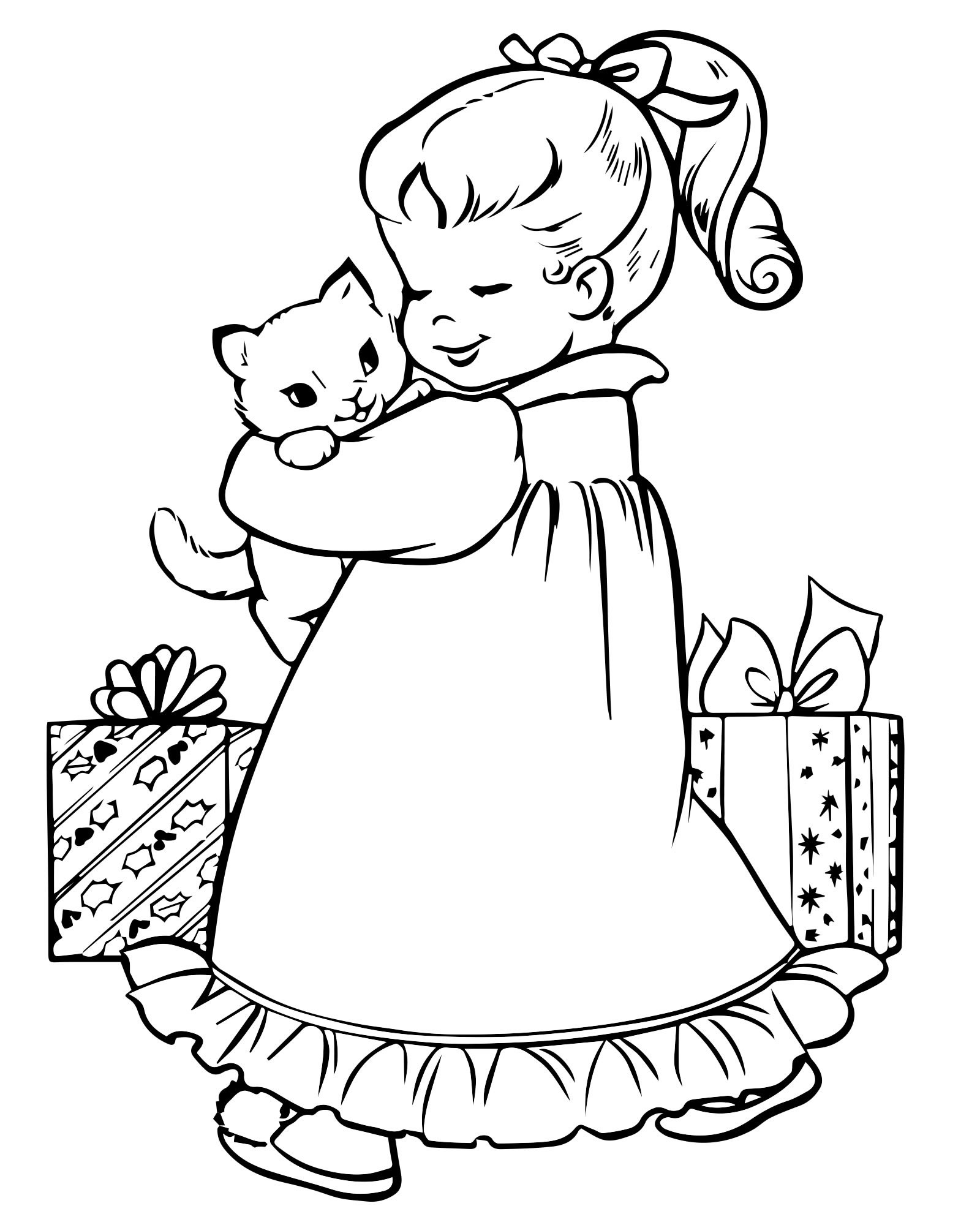 Девочка и котик раскраска для детей