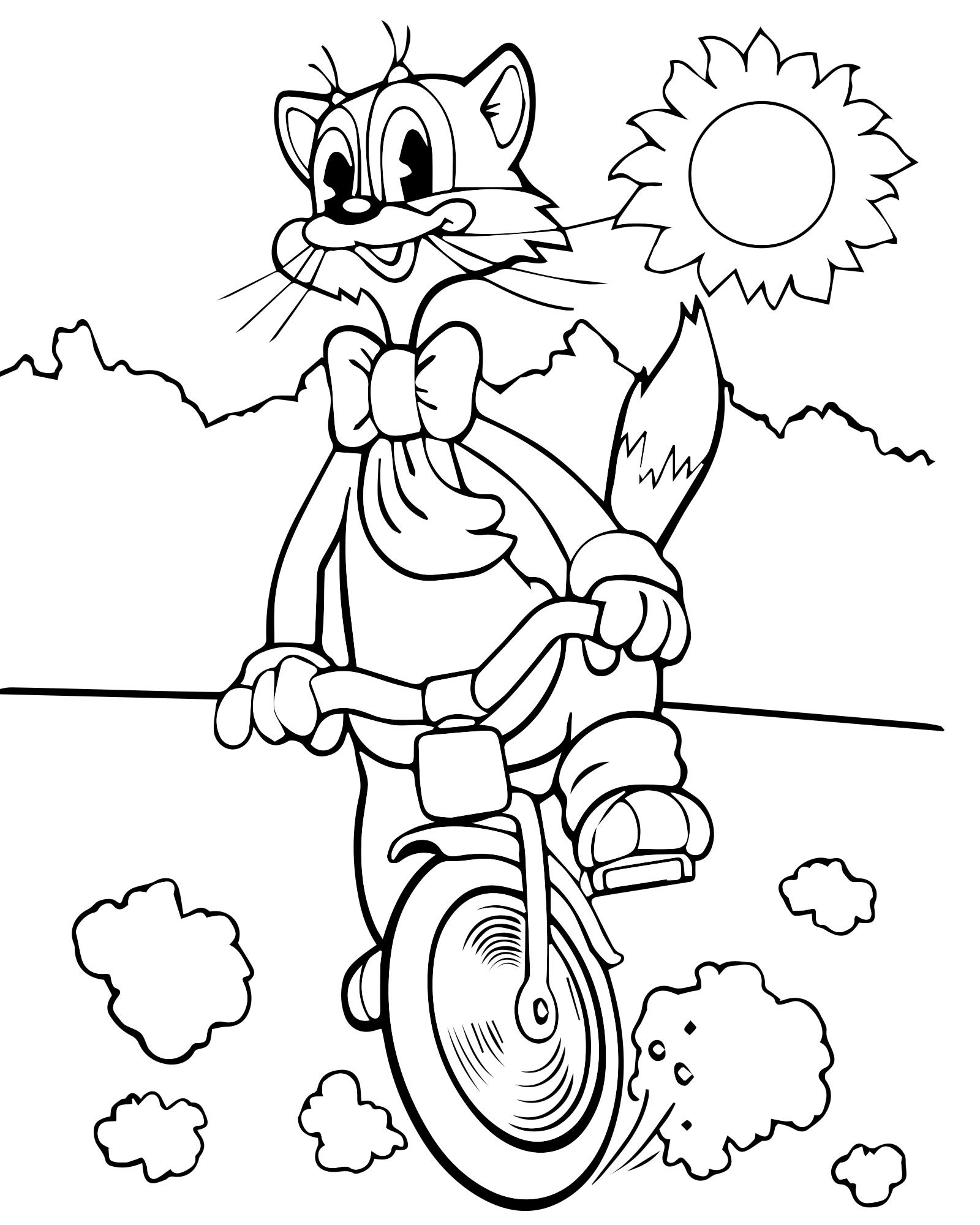 Кот Леопольд на велосипеде раскраска для детей