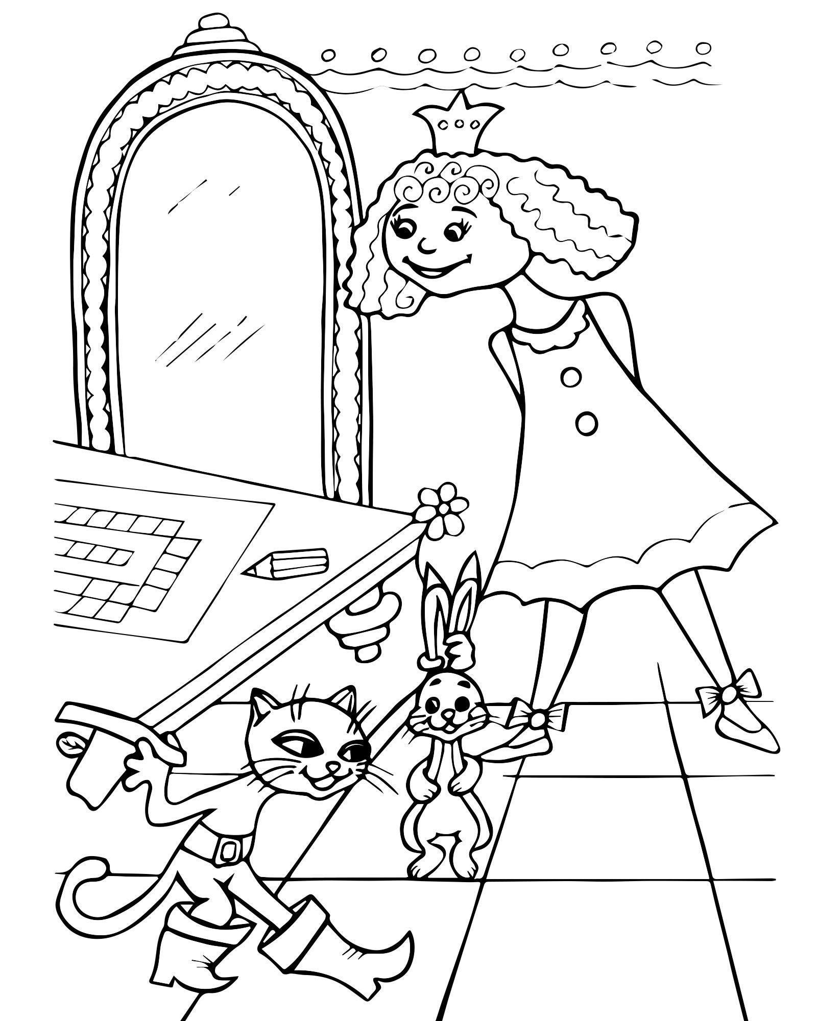Кот в сапогах и принцесса раскраска для детей