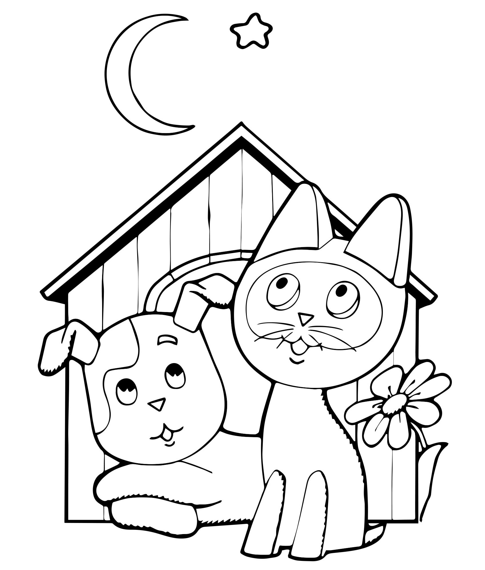 Котенок Гав и щенок в будке — раскраска для детей. Распечатать бесплатно.