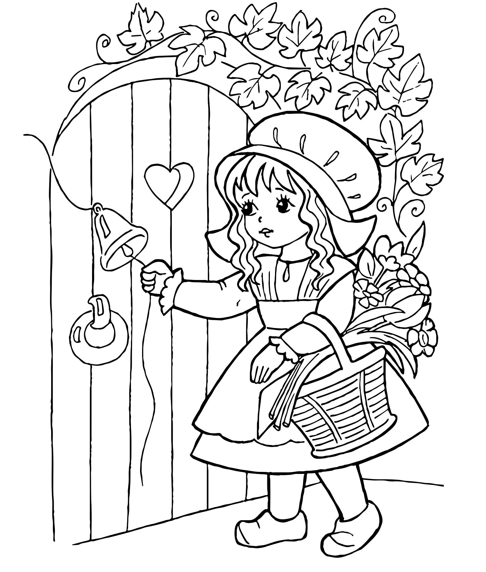 Красная Шапочка у двери — раскраска для детей. Распечатать бесплатно.