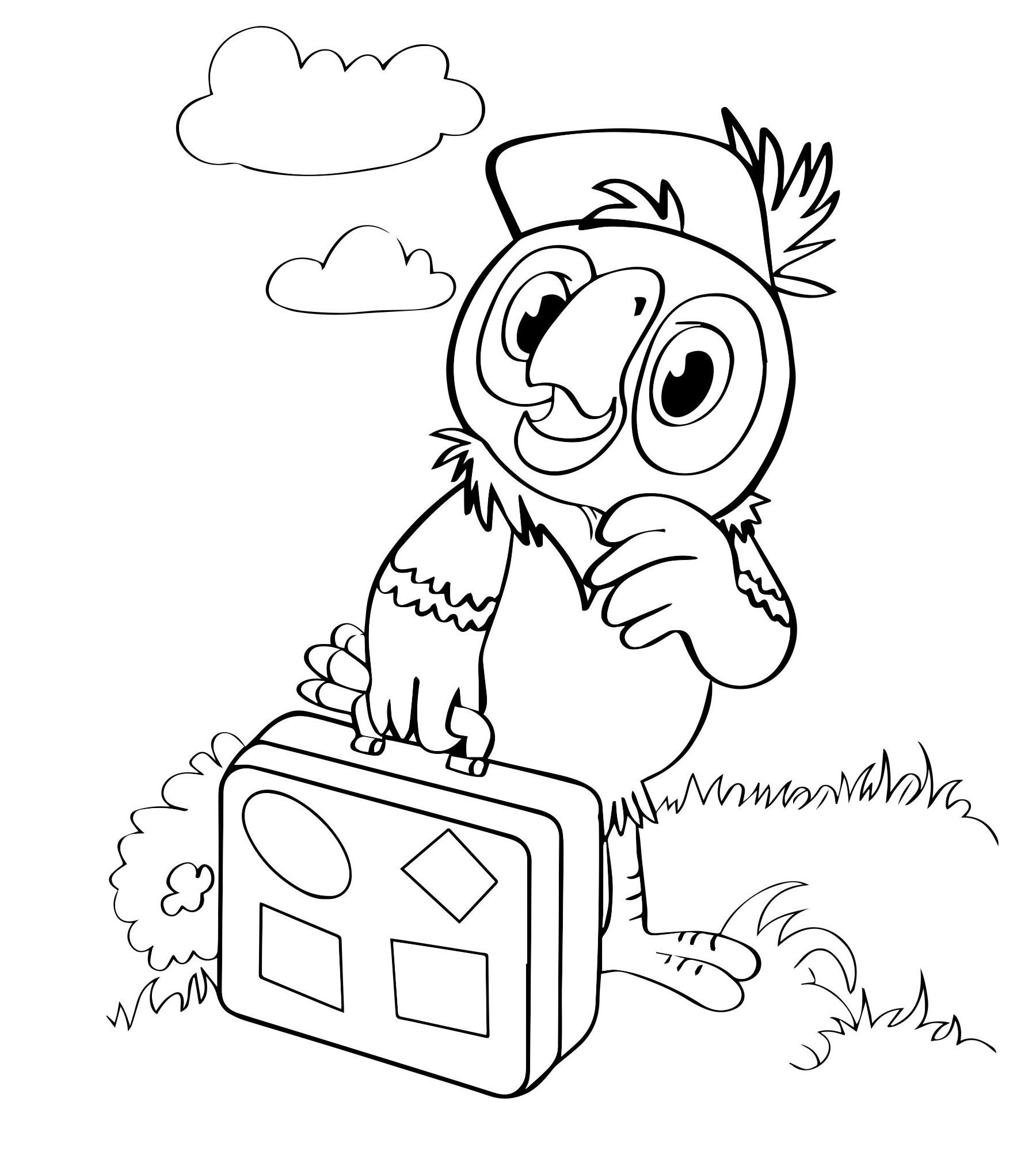 Попугай Кеша с чемоданом раскраска для детей