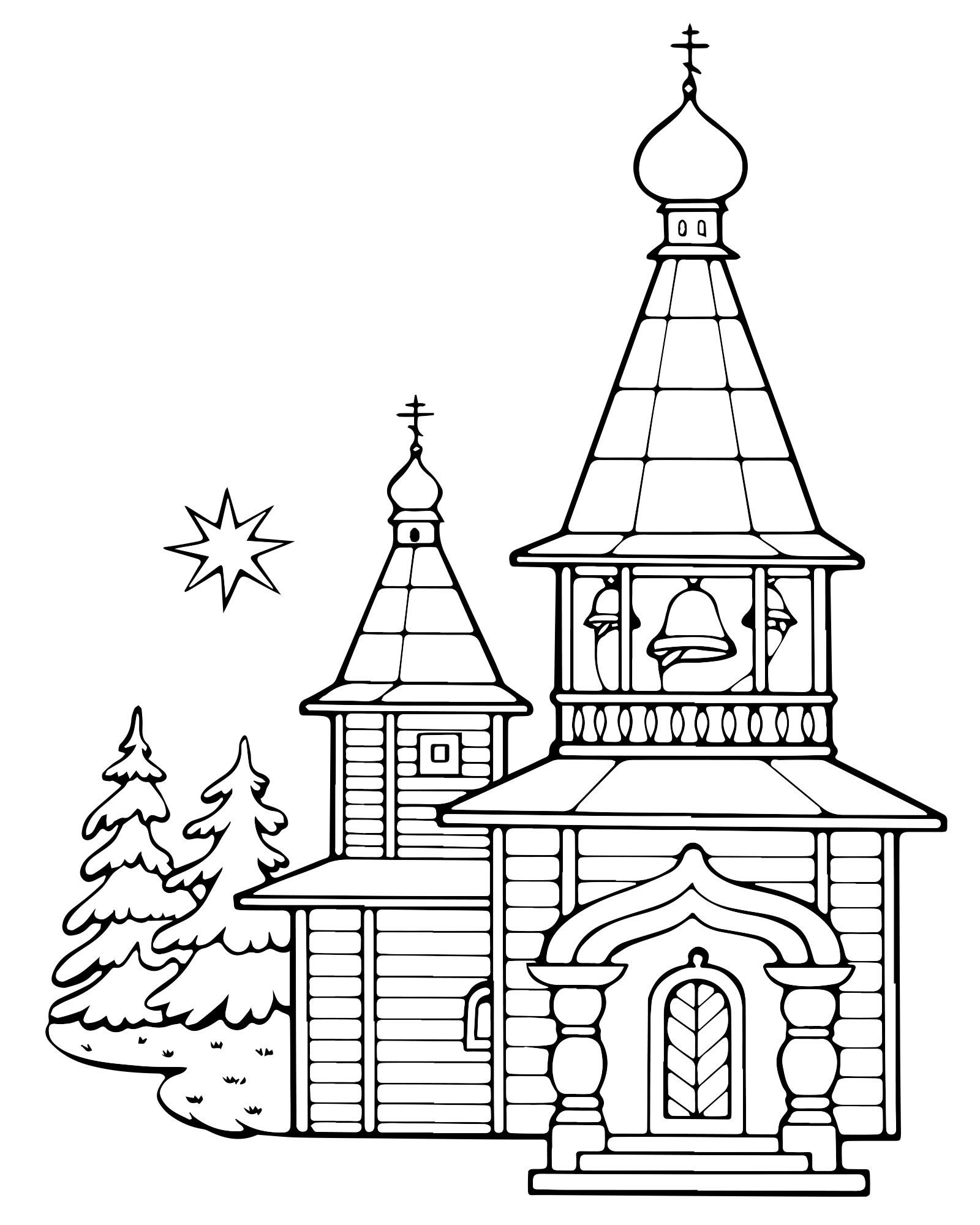 Раскраска с церковью и тыквами во дворе генеративный ии