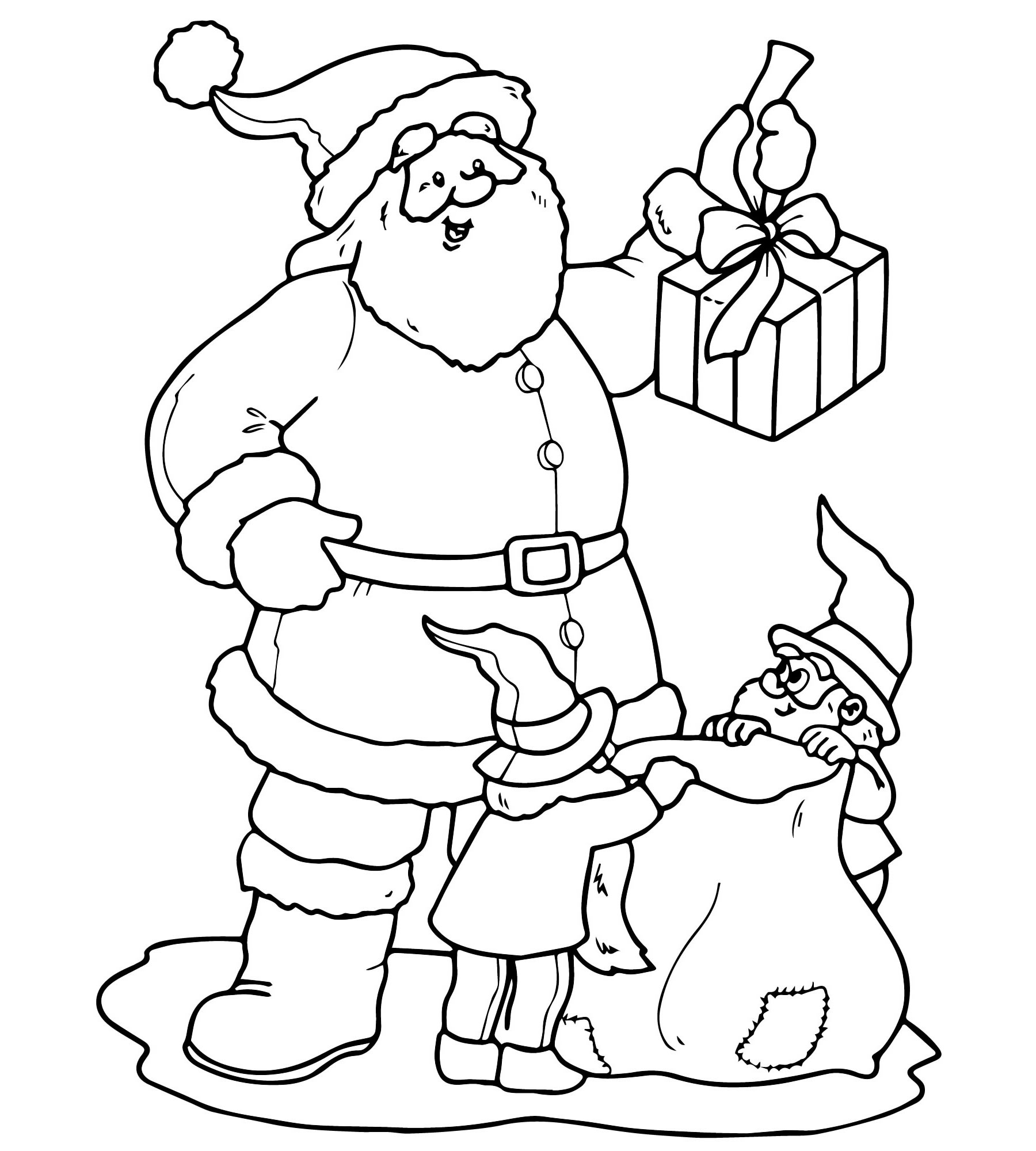 Санта-Клаус с подарками раскраска для детей