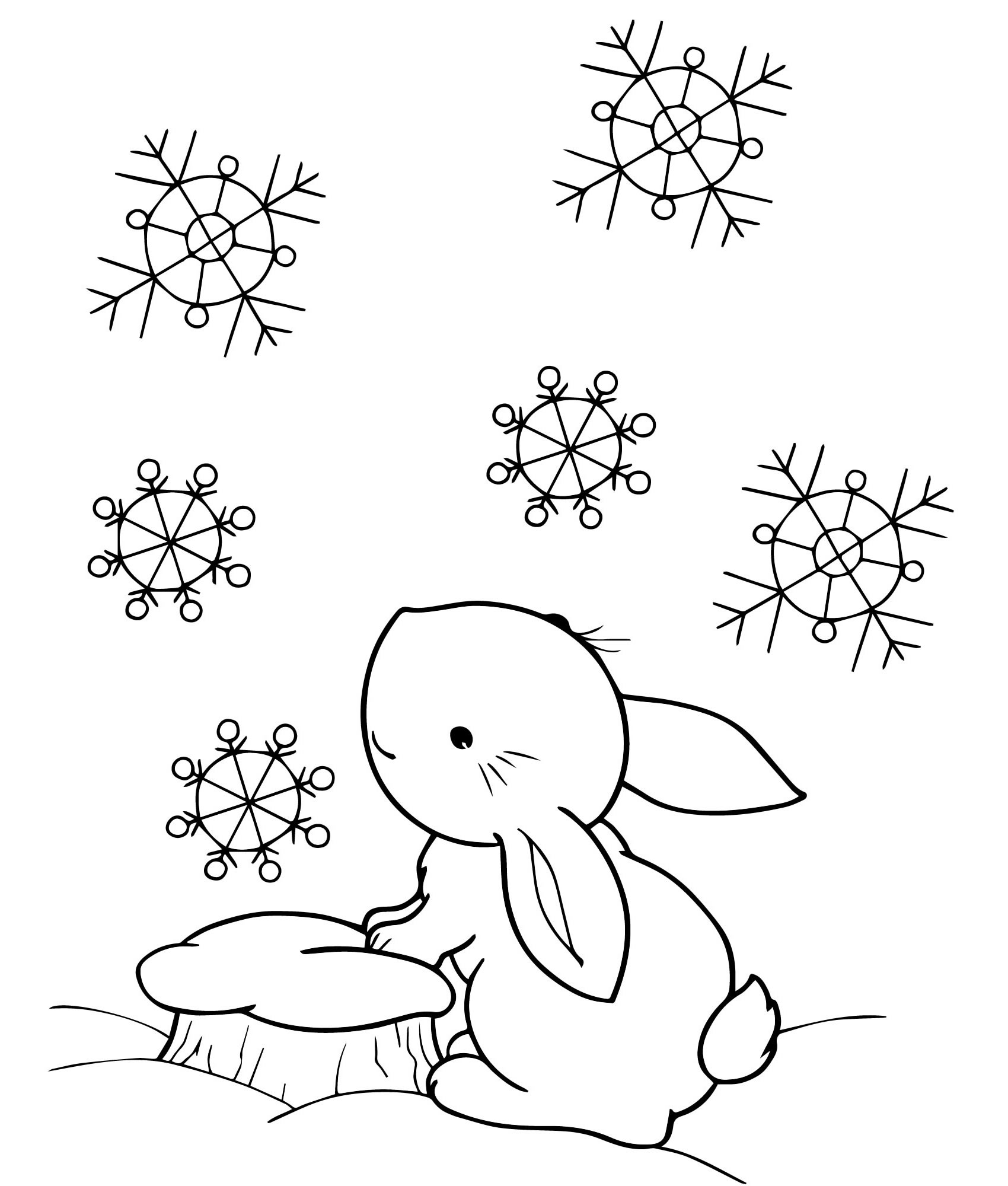 Зайка смотрит на снег раскраска для детей