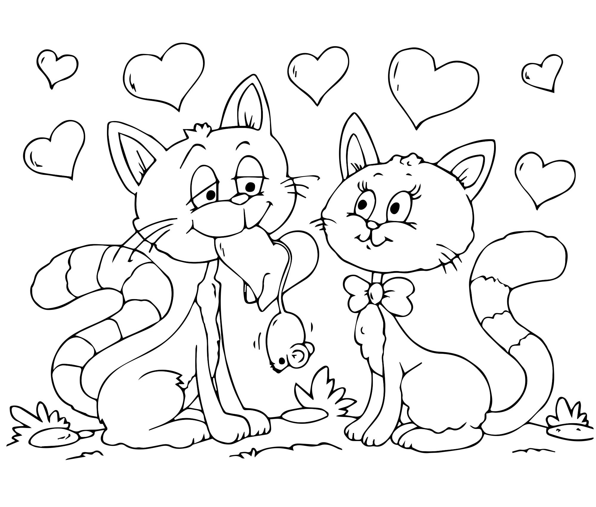 Валентинка с кошками раскраска для детей