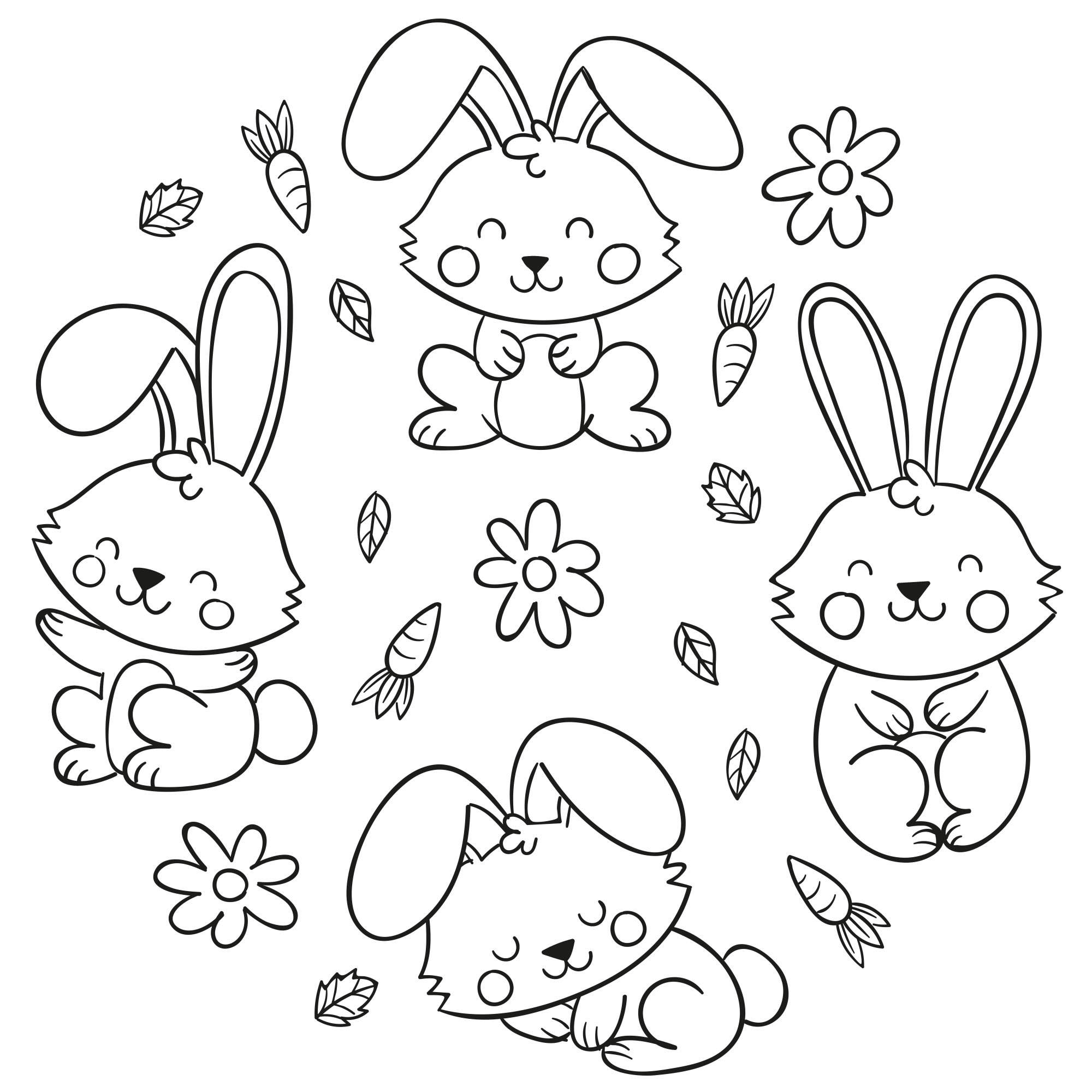 Кролики с морковкой — раскраска для детей. Распечатать бесплатно.