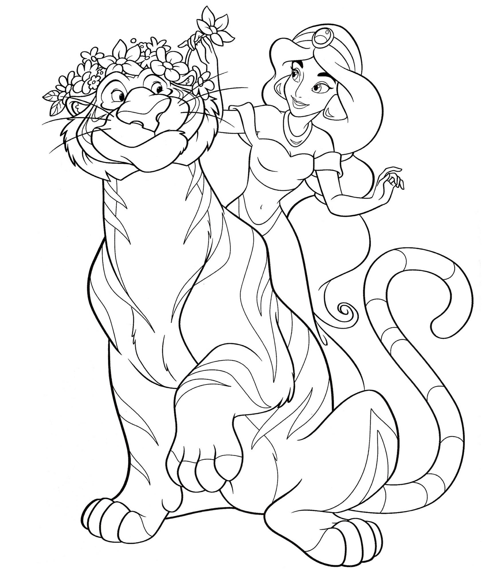 Жасмин и тигр Раджа раскраска для детей